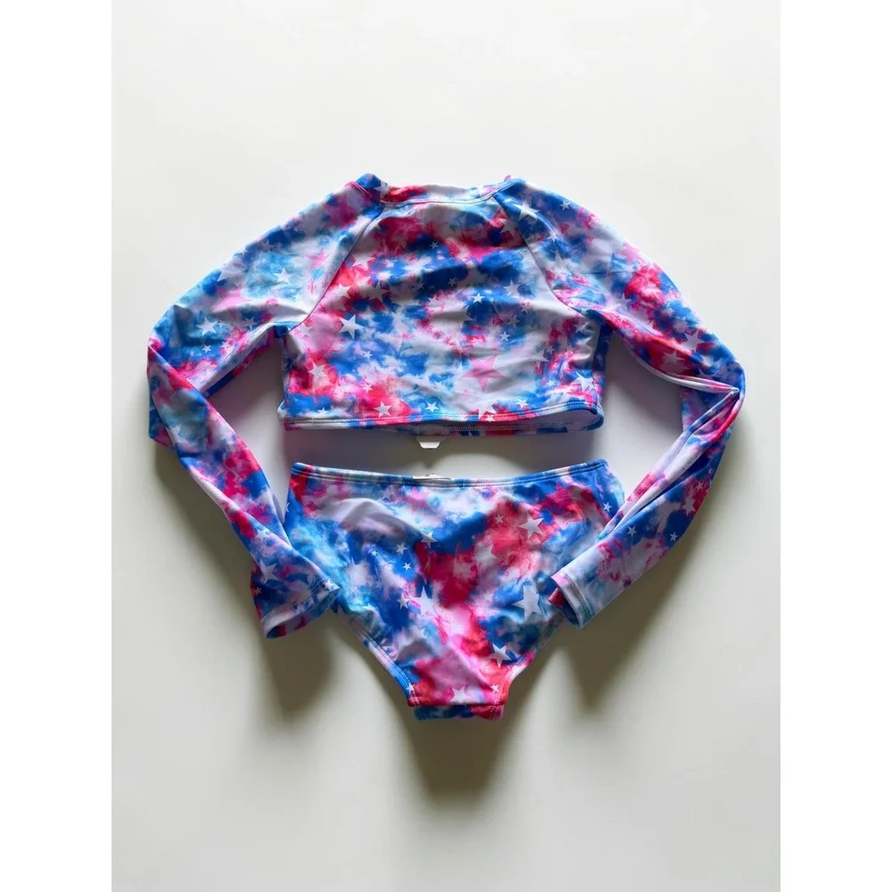 Cat & Jack Girls Tie Dye Star Rash Guard 2 Piece Swimsuit Red White Blue Size 8